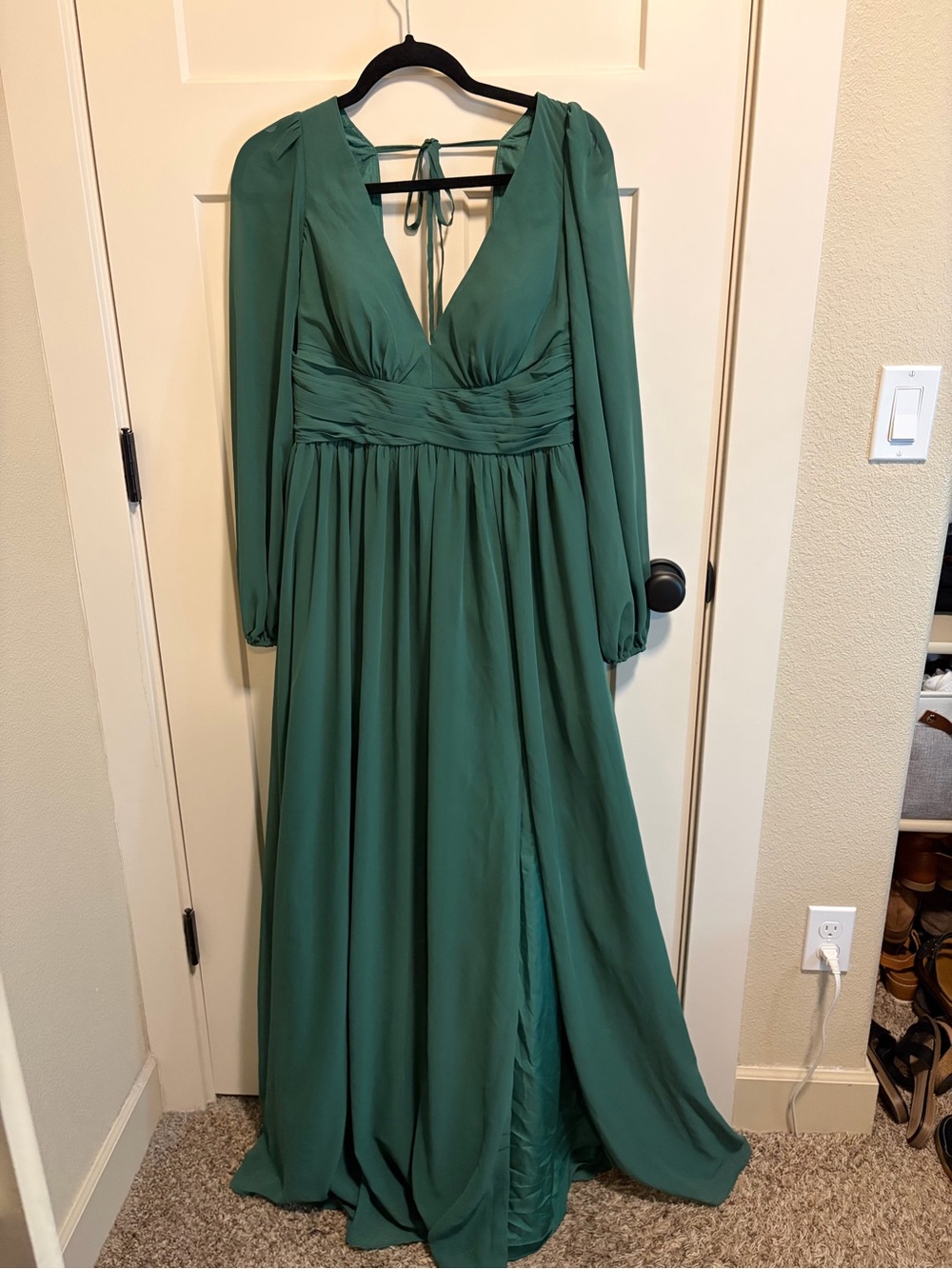 Azazie Forest Green V-Neck Long Sleeve Chiffon Maxi Dress with Front Slit - Picture 3 of 9